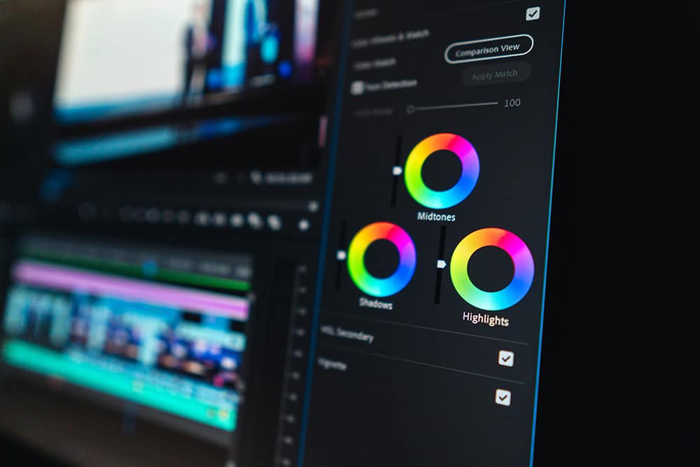 Closeup shot of 3-way color grading wheel