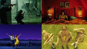 Collage of different movie color palettes including The Matrix, Amélie, La La Land and Moonrise Kingdom