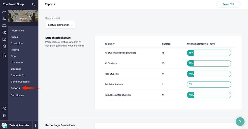 Teachable Course Reports