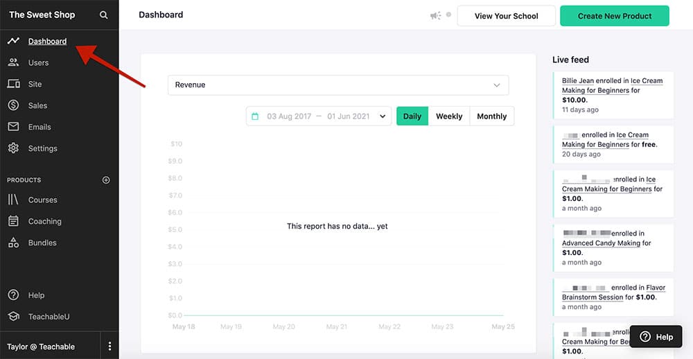 Teachable dashboard