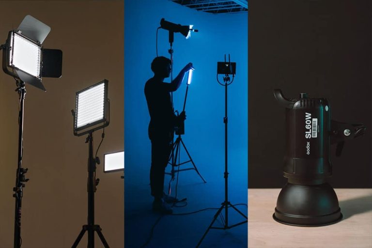 Collage of LED video lights including panels and single source