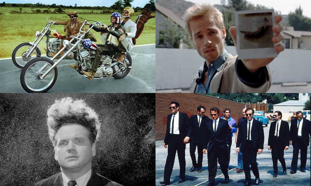 Collage of indie films including Easy Rider, Memento, Eraserhead and Reservoir Dogs
