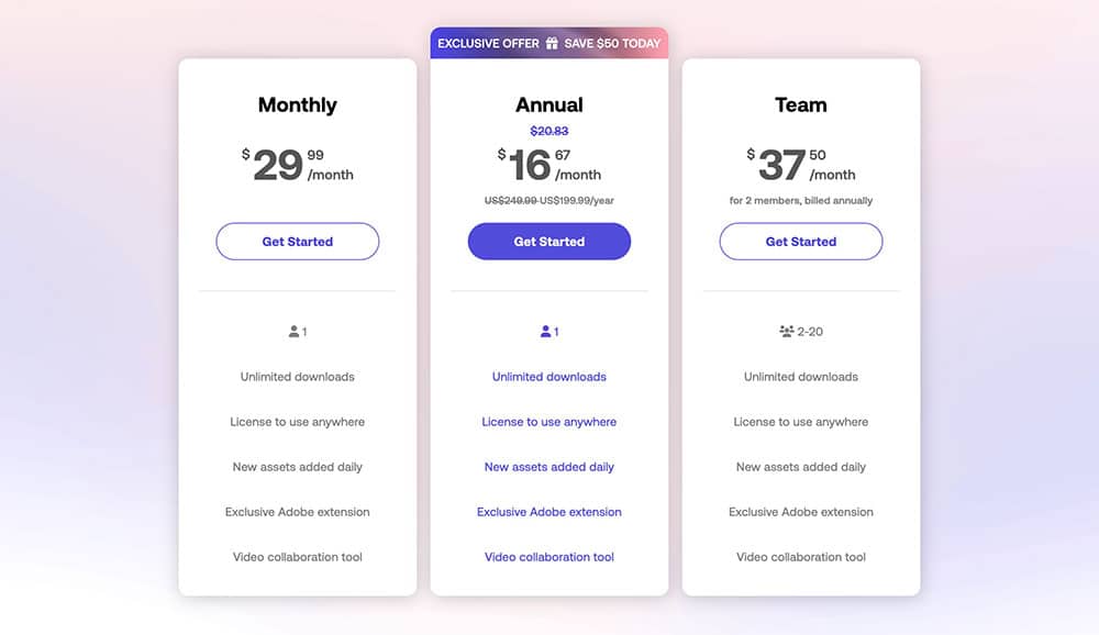 Motion Array pricing page screenshot