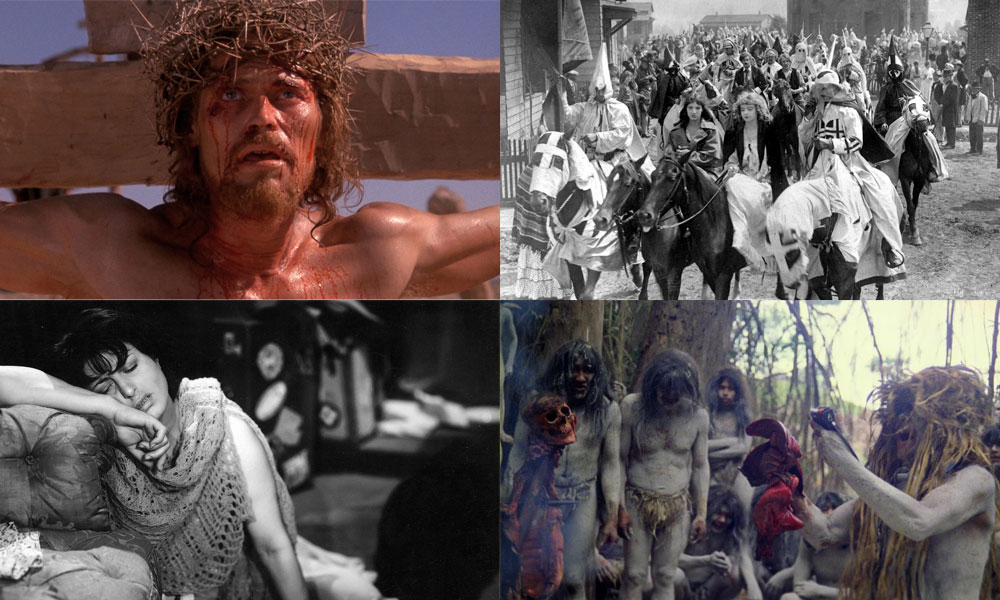 Collage of screenshots from banned films including The Last Temptation of Christ, The Birth of Nation, L’Amore and Cannibal Holocaust.