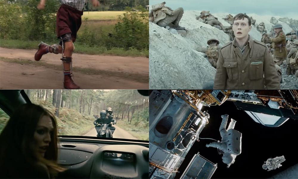 Collage of films with tracking shots including Forrest Gump, 1917, Children Of Men and Gravity