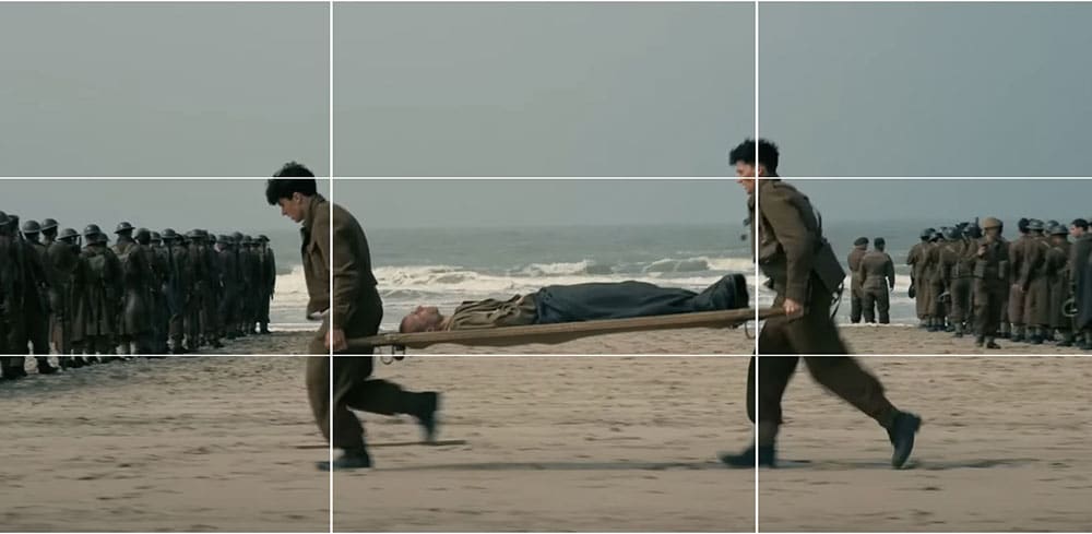 Screenshot of the film Dunkirk with rule of thirds grid overlayed