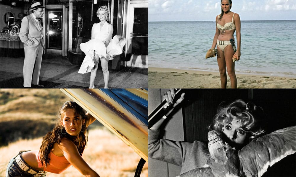 Collage of films showing the male gaze including The Seven Year Itch, Dr No, The Birds and Transformers