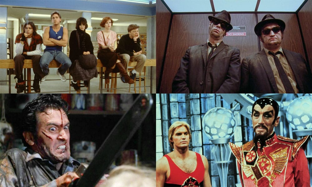 Collage of 80s films including The Breakfast Club, Blues Borthers and Flash Gordon