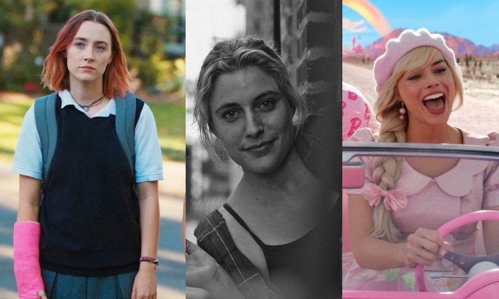 Collage of films by Greta Gerwig including Lady Bird, Frances Ha and Barbie