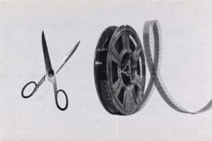 Collage featuring a 35mm film reel with pair of scissors next to it