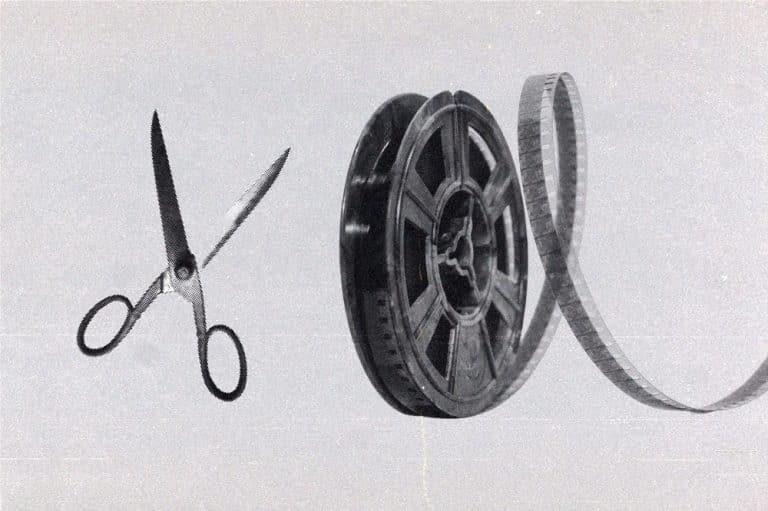 Collage featuring a 35mm film reel with pair of scissors next to it