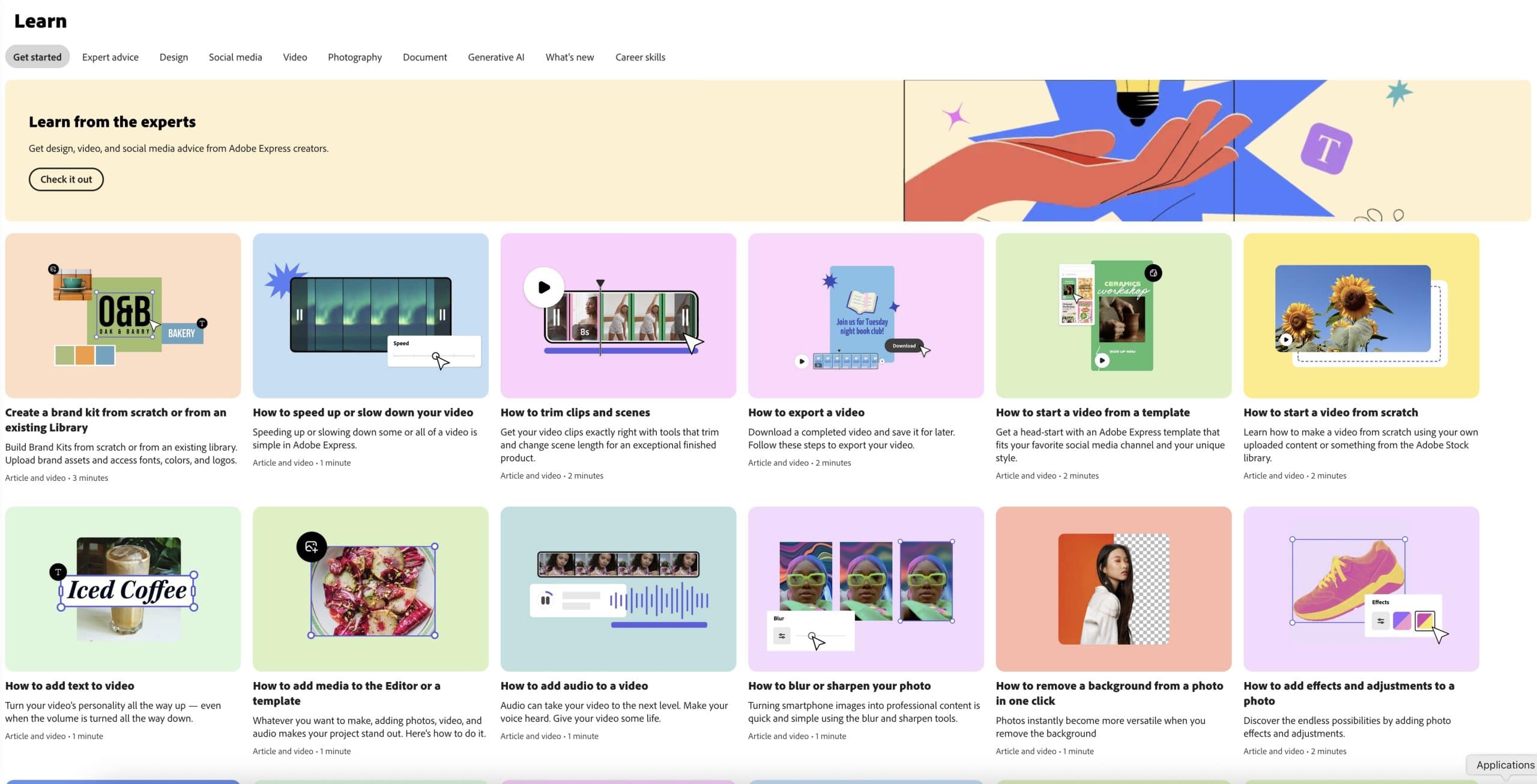Adobe Express learn tab