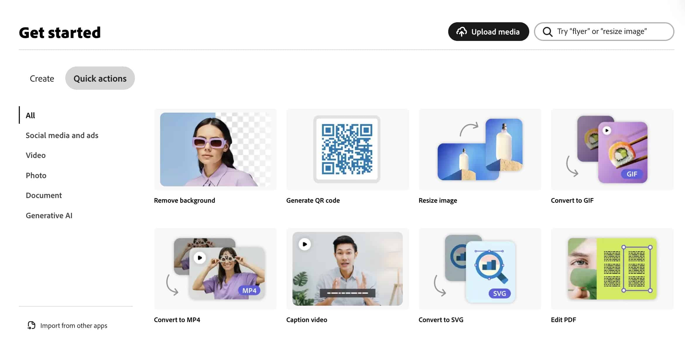 Adobe Express quick actions window