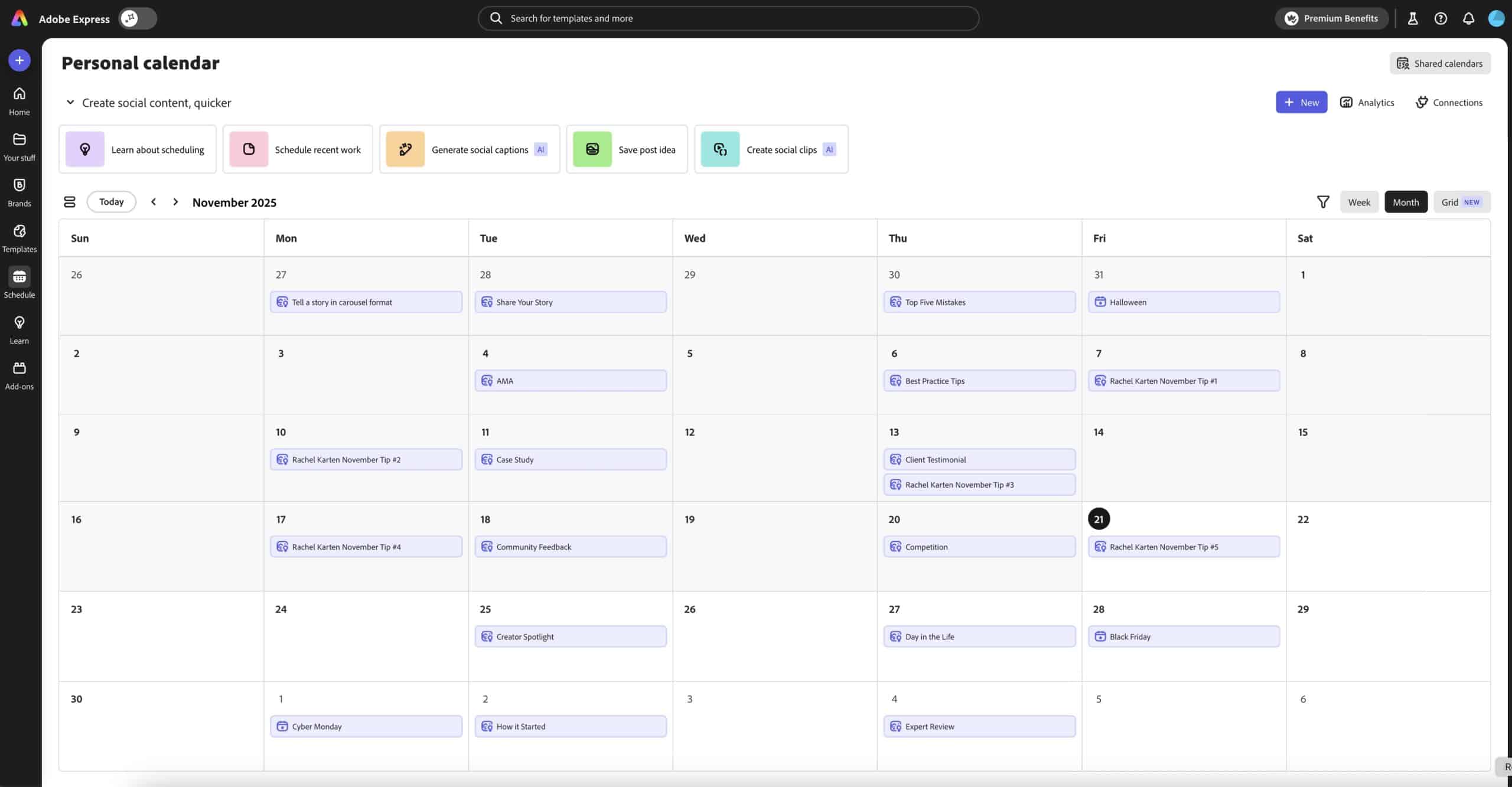 Adobe Express schedule tab