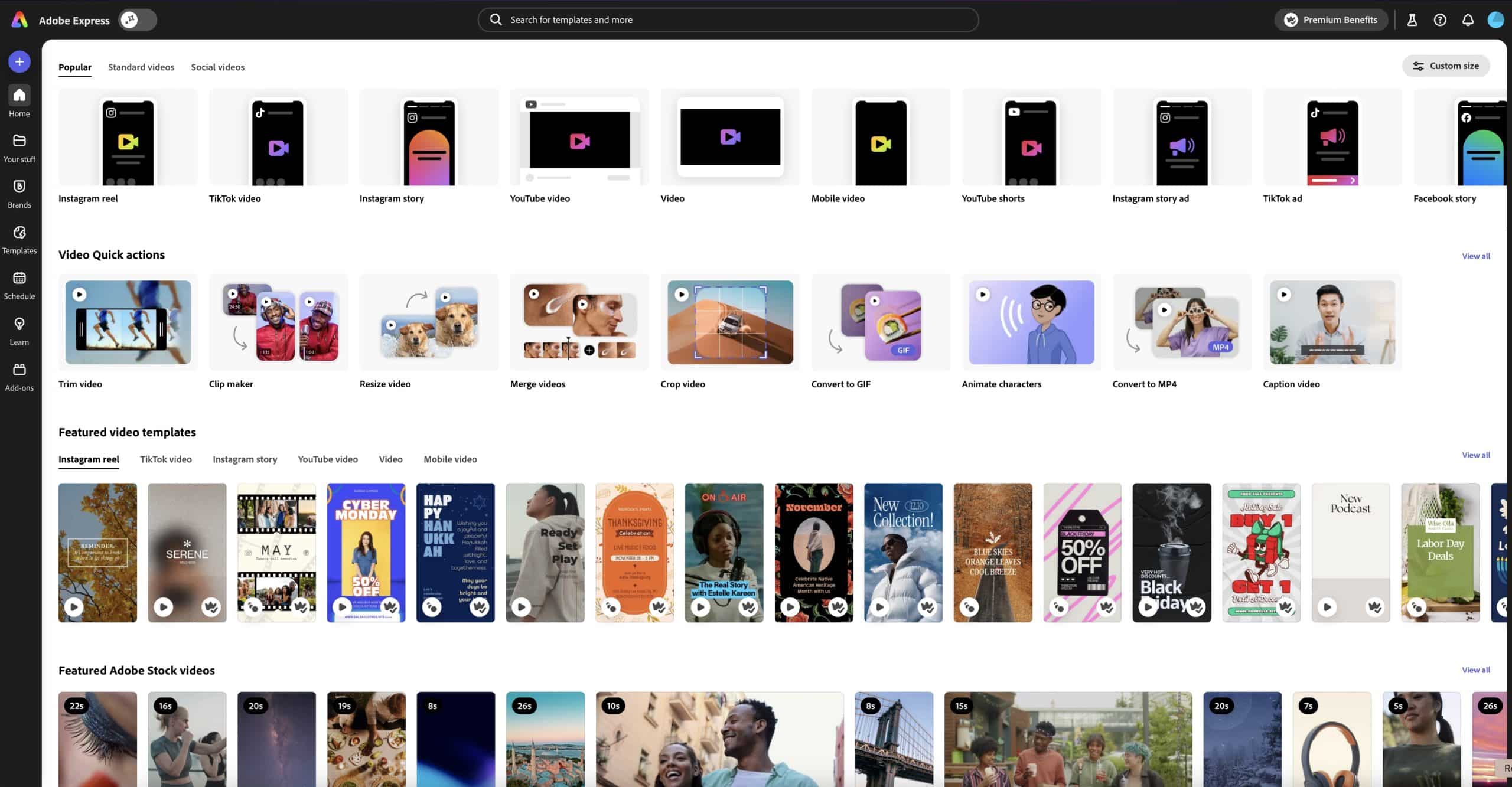 Adobe Express video editing tab
