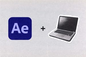 Adobe After Effects logo next to an illustrated laptop.