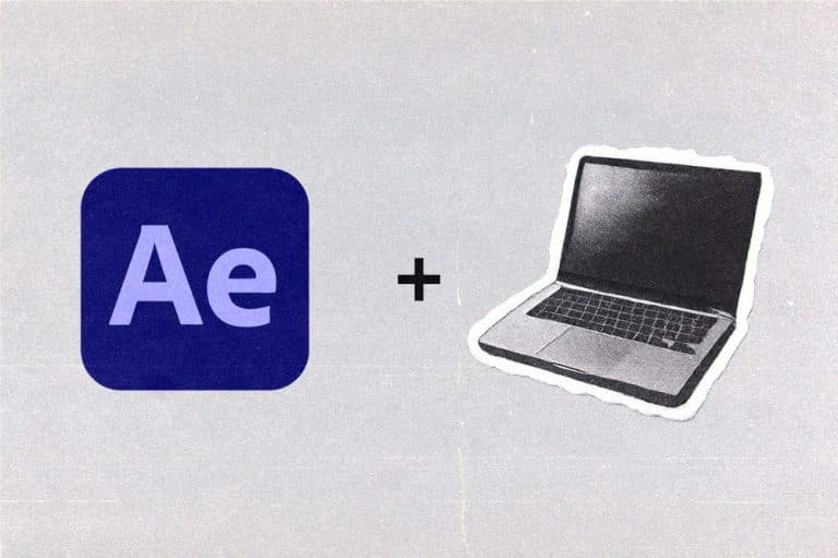 Adobe After Effects logo next to an illustrated laptop.