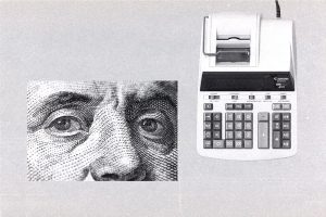 Collage showing a close-up of a 0 bill next to a printing calculator.