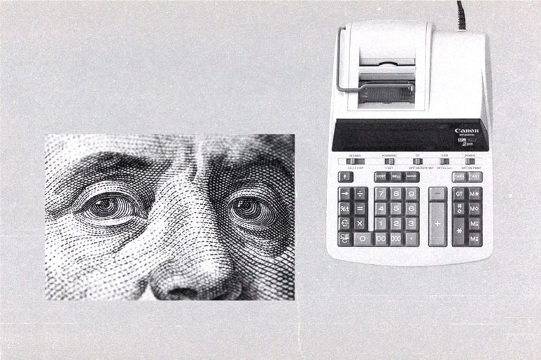 Collage showing a close-up of a 0 bill next to a printing calculator.