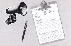 Collage showing a film production call sheet on a clipboard alongside an illustrated hand holding a megaphone and a pen.