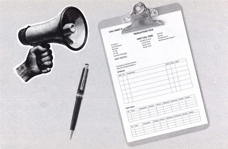 Collage showing a film production call sheet on a clipboard alongside an illustrated hand holding a megaphone and a pen.
