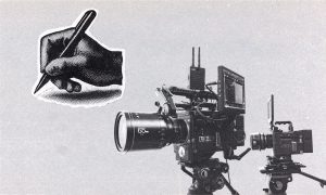 Collage showing professional film cameras next to an icon of a hand signing a document.