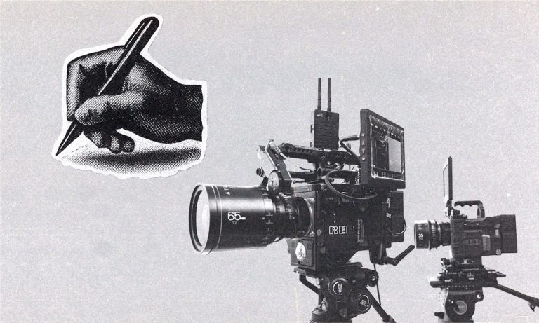 Collage showing professional film cameras next to an icon of a hand signing a document.