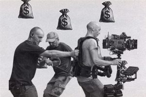 Film crew operating a Steadicam camera rig with dollar sign money bag icons above them.