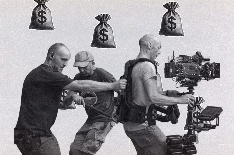Film crew operating a Steadicam camera rig with dollar sign money bag icons above them.