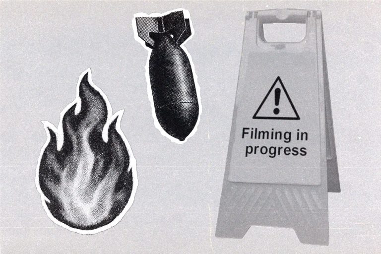 Collage showing a ‘Filming in progress’ caution sign alongside a fire icon and a bomb icon.