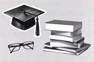 Collage featuring a graduation cap, a stack of books, and a pair of eyeglasses.