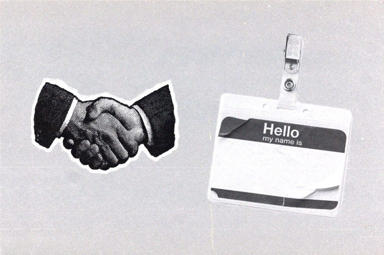 Collage featuring an illustrated handshake next to a blank “Hello, my name is” badge.