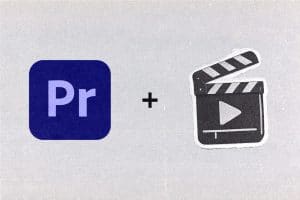 Adobe Premiere Pro logo next to an illustrated clapperboard with a play icon.