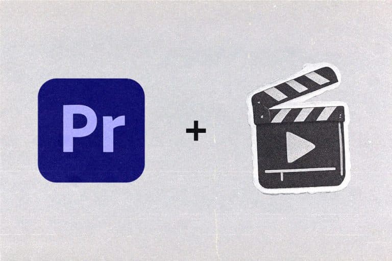 Adobe Premiere Pro logo next to an illustrated clapperboard with a play icon.
