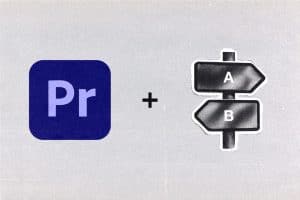 Adobe Premiere Pro logo next to an illustration of a directional sign labeled A and B.