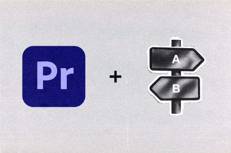 Adobe Premiere Pro logo next to an illustration of a directional sign labeled A and B.