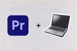 Adobe Premiere Pro logo next to an illustrated laptop.