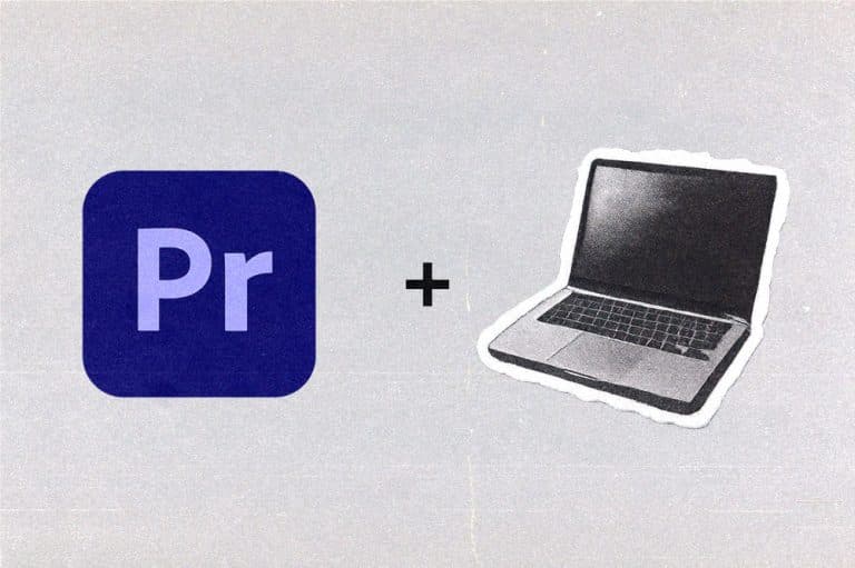 Adobe Premiere Pro logo next to an illustrated laptop.