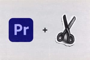 Adobe Premiere Pro logo next to a pair of scissors illustration symbolizing editing.