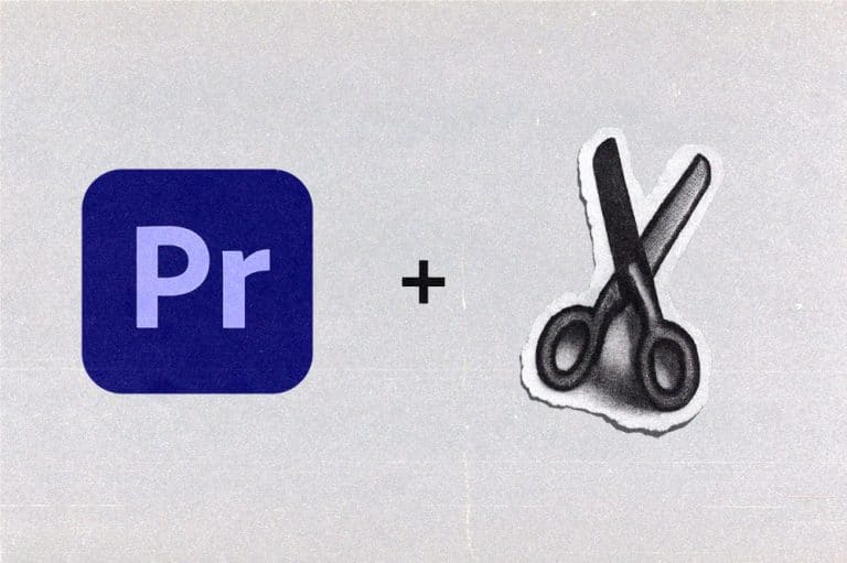 Adobe Premiere Pro logo next to a pair of scissors illustration symbolizing editing.