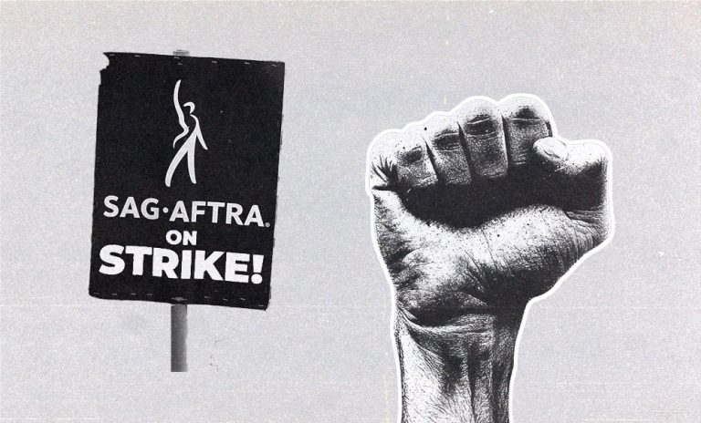 Collage featuring a SAG-AFTRA “On Strike” sign next to a raised fist illustration.