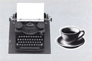Collage featuring a vintage typewriter with a blank sheet of paper beside an illustrated coffee cup.