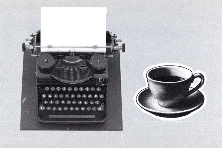 Collage featuring a vintage typewriter with a blank sheet of paper beside an illustrated coffee cup.