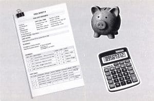 call sheet next to a piggy bank and calculator illustration
