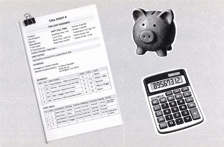 call sheet next to a piggy bank and calculator illustration