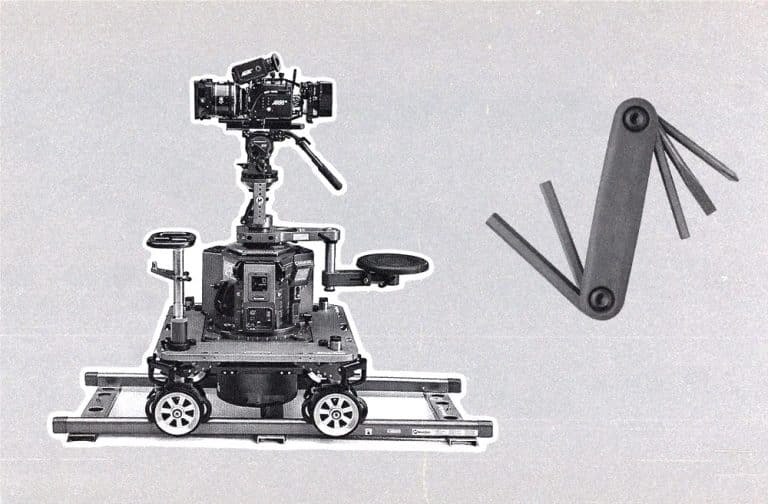 camera dolly on tracks illustration next to allen key tool