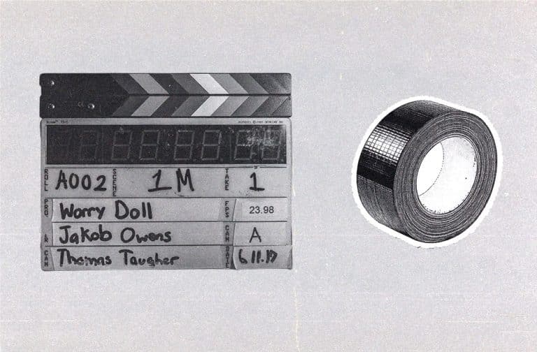 clapperboard with scene and take number next to a roll of gaffer tape illustration