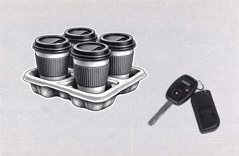 illustration of four takeaway coffee cups in a tray next to a set of car keys