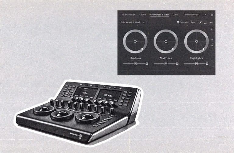 halftone illustration of a Blackmagic color grading control panel next to a software interface showing color wheels for shadows, midtones, and highlights
