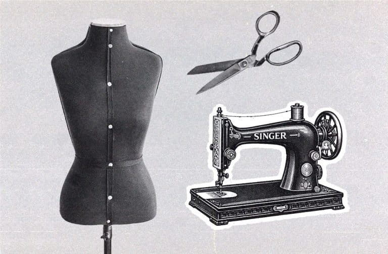 dress form next to sewing machine illustration, and a pair of scissors.